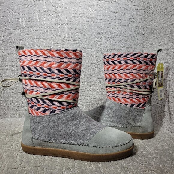 TOMS Nepal Women's Size 9.5 US Gray Cow Leather Aztec Knit Ankle Boots - Picture 5 of 10